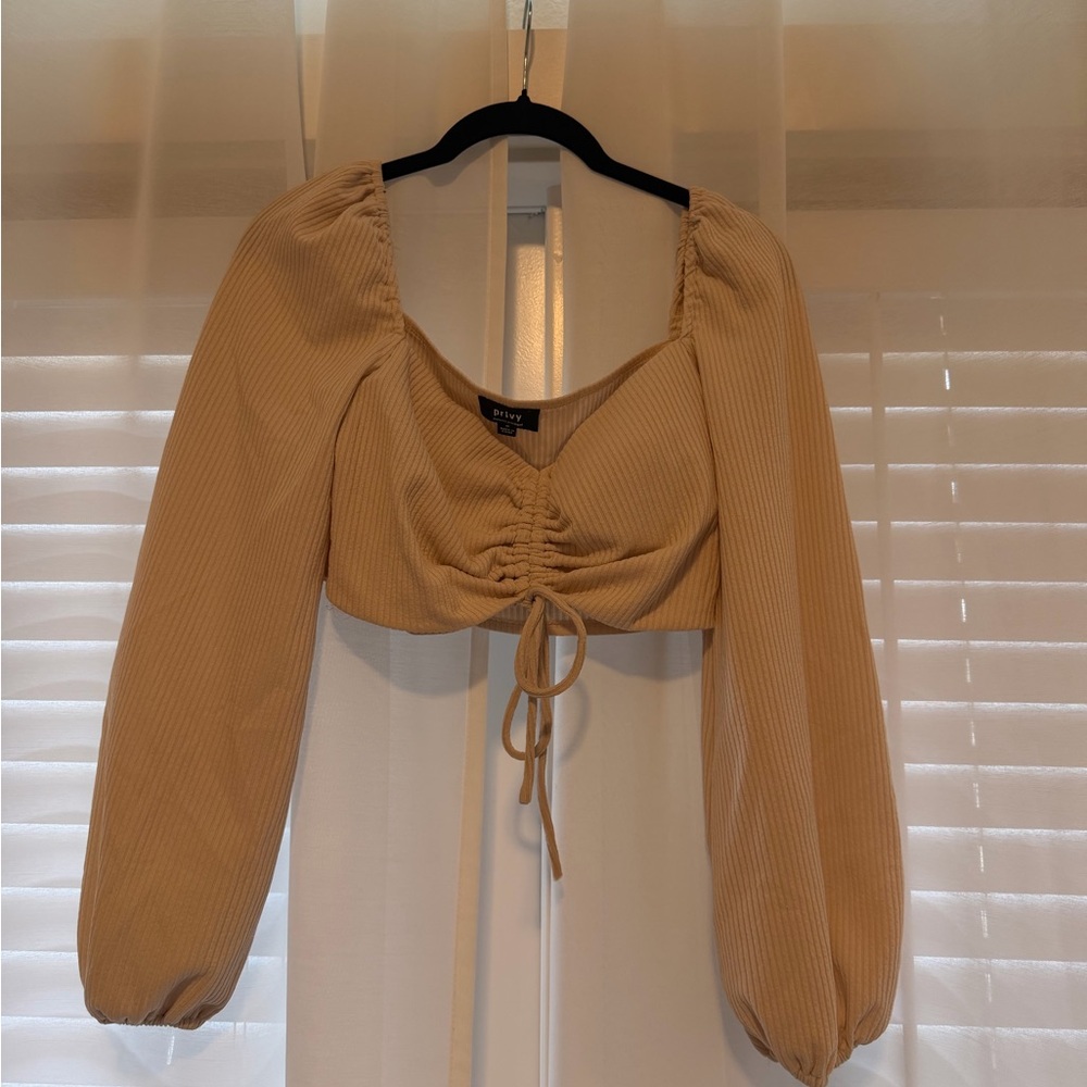 privy Tan Ribbed Ruched Long-Sleeve Crop Top